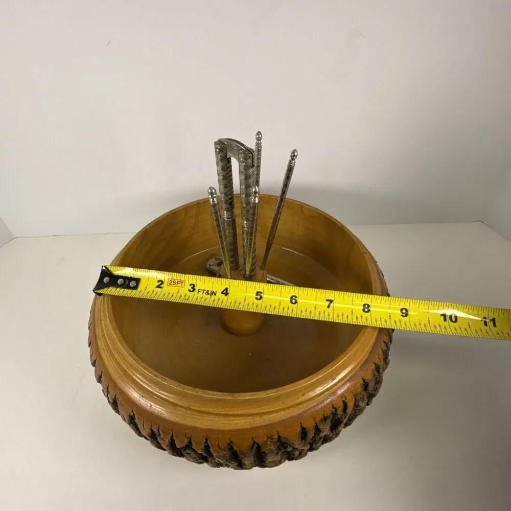 Nut Cracker Set Wooden Log Bark Bowl with 2x Crackers & 4 Picks Set Lake George